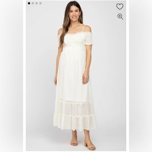 She + sky Smocked Ruffle Off Shoulder Maternity Maxi Dress Medium PinkBlush